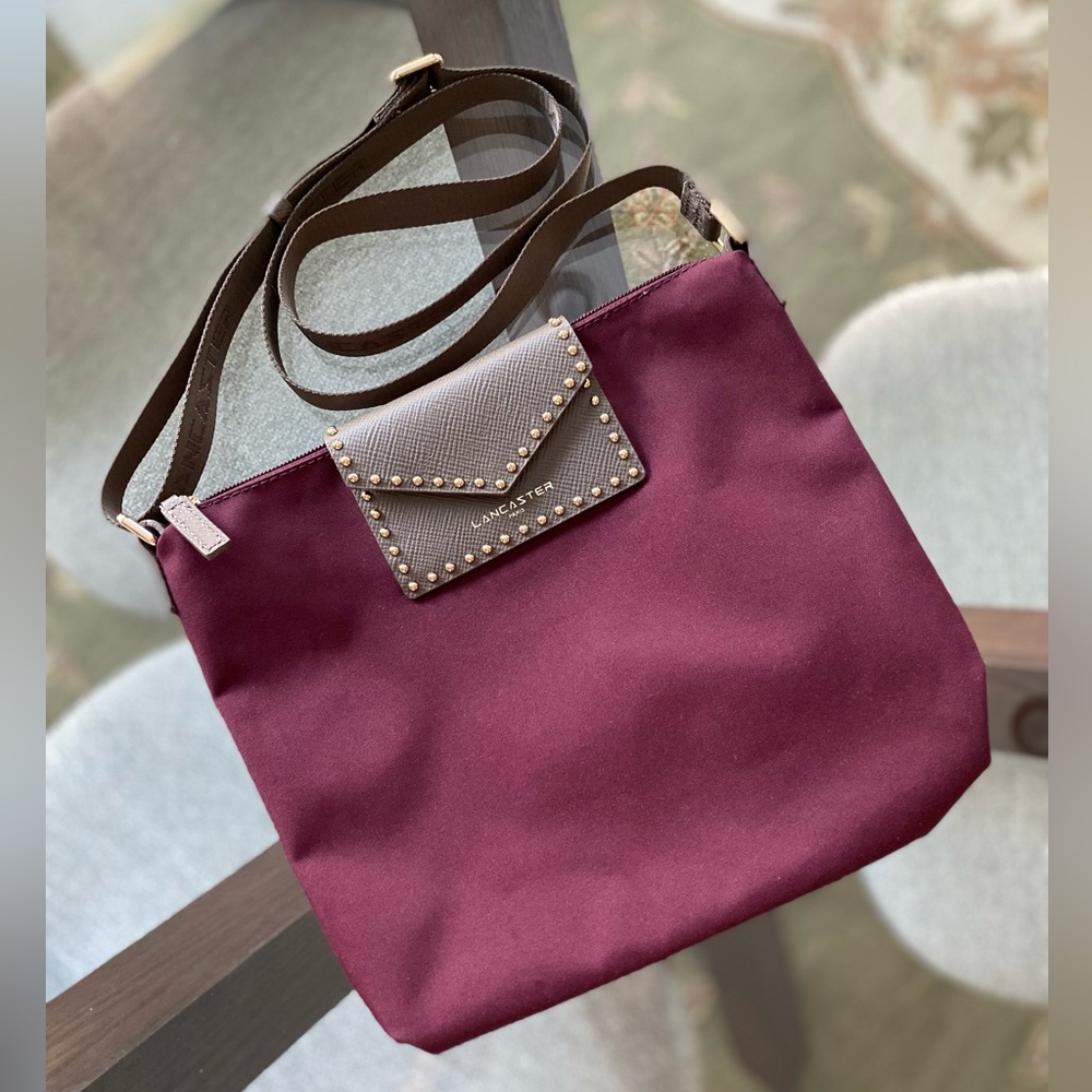 Lancaster Paris Burgundy Crossbody Bag Lightweight Studded Leather Trim